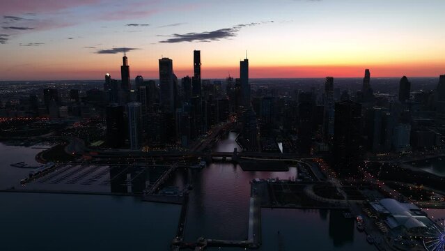 Chicago Downtown Sunset Beachfront Drone shot 