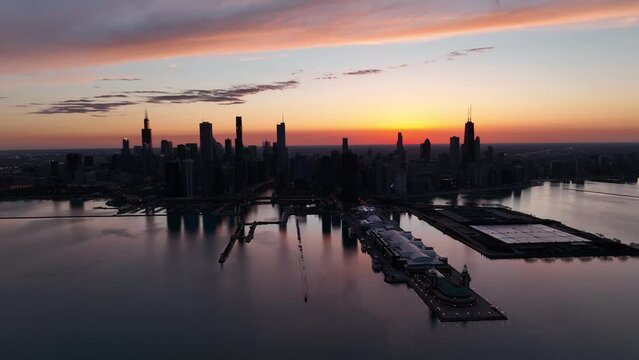 Chicago Downtown Sunset Beachfront Drone shot 