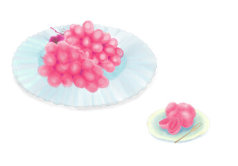 ガラスの皿に盛った大粒赤ぶどう（甲斐路・クイーンルージュ・クインニーナなど）の水彩イラスト