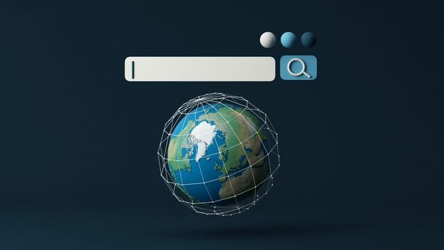 Globe and search bar minimal internet concept in the new world concept and wireless connection to find and work in the future world on a blue background. 3d rendering animation looping