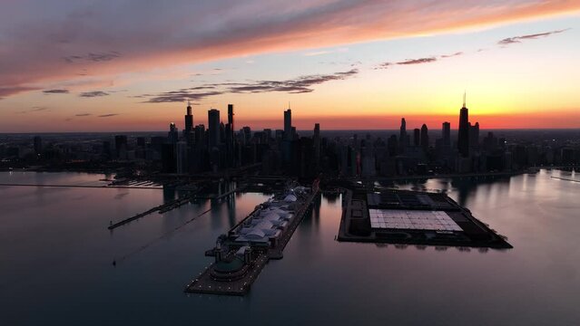 Downtown Chicago Sunset From Lake Aerial View 