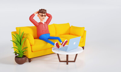 Cartoon character, a man sits on a sofa and watches a video on a laptop. 3d illustration.