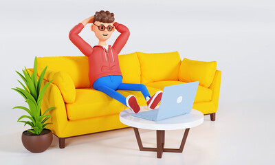 Cartoon character, a man sits on a sofa and watches a video on a laptop. 3d illustration.