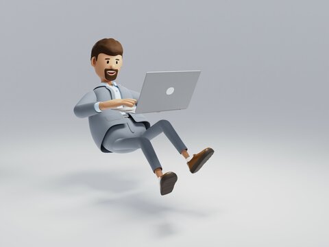 Cartoon character of a businessman with a laptop flying in the air. Freelancer working on the Internet. Workplace concept. Isolated on white background. 3d illustration.