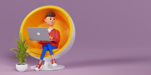 The concept of distance work, study and communication in comfortable conditions at home. Cartoon character sits is resting in a chair and watching a video on a laptop. 3d illustration.