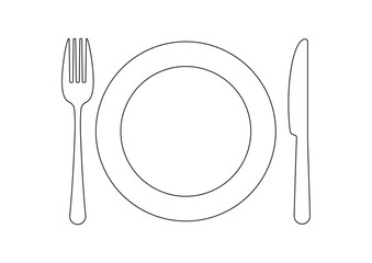 Plate knife and fork line art icon set isolated on white background.