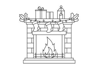 Christmas fireplace burn with sock anf gift decoration line art vector illustration.