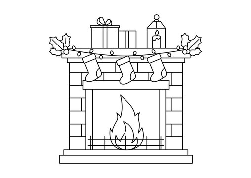 Christmas fireplace burn with sock anf gift decoration line art vector illustration.