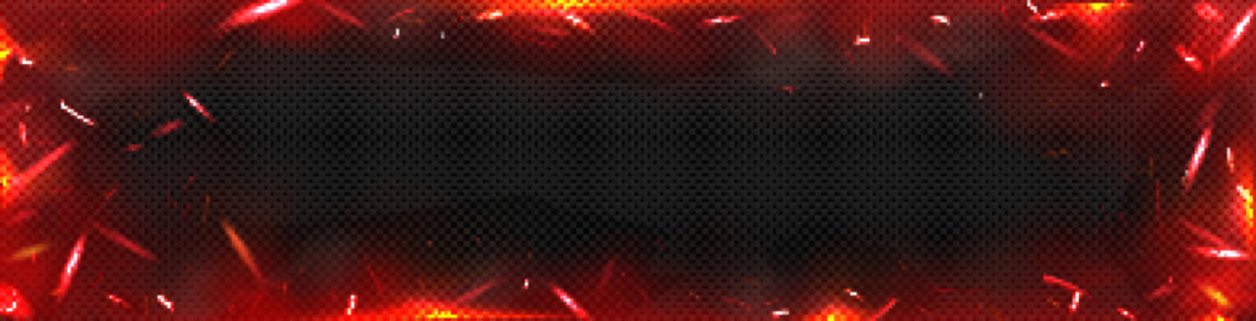 Background with red fire sparks, overlay effect, frame with burning flame and flying embers. Rectangular border with magic glow, energy blaze and shine, Realistic 3d vector illustration