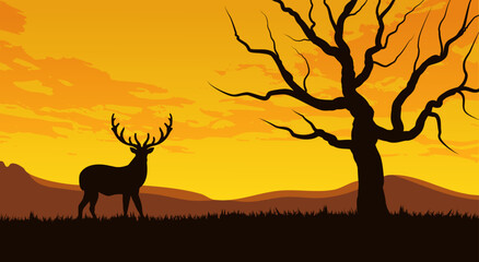 Deer Silhouette In Savannah Illustration Vector