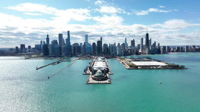 Chicago Skyline from Navy Pier Drone View 