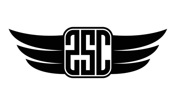 ZSC three-letter Wing black and white logo design. Vector template