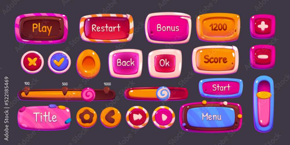 Poster glossy game buttons, boards and bars with candy and chocolate texture. vector cartoon set of sweet g