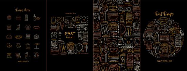 Fast food icons. Hamburger pizza sausages snacks sandwich ice cream. Food menu. Set of concept art for your design project - cards, banners, poster, web, print, social media, promotional materials