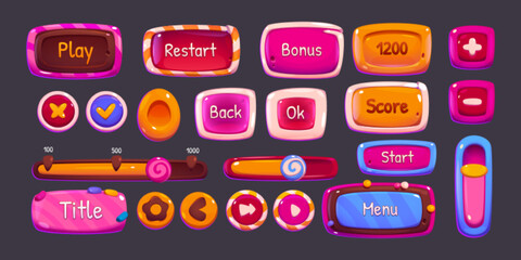 Glossy game buttons, boards and bars with candy and chocolate texture. Vector cartoon set of sweet game ui elements, menu, play, score buttons, check and cross marks, sliders - obrazy, fototapety, plakaty
