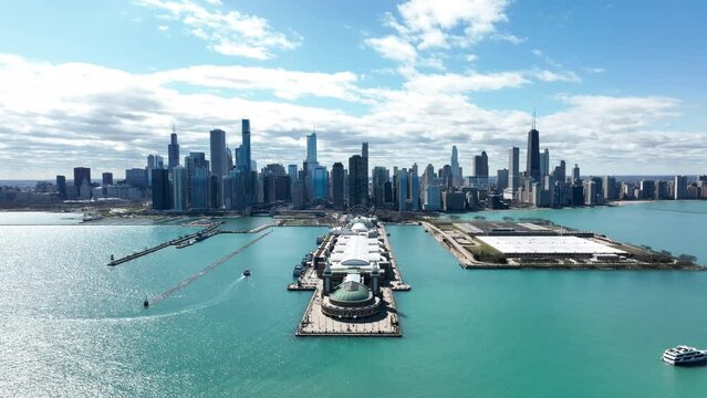 Chicago Skyline from Navy Pier Drone View 