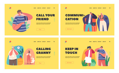 People Communicate by Mobile Phone Landing Page Template Set. Granny and Little Grandson, Adult Couple and Teenagers