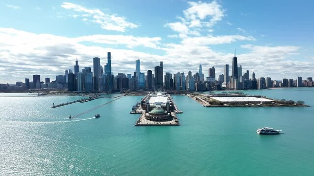 Chicago Skyline from Navy Pier Drone View 