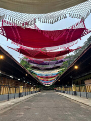 Sleeping hammocks in a row to decorate the Água Branca (White Water) Park in São Paulo, Brazil
