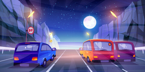 Fototapeta na wymiar Cars driving at night highway rear view, automobiles riding in mountain road with fencing, signs, ocean view and full moon in dark starry sky. Vehicles at asphalted freeway Cartoon vector illustration