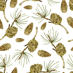 Pine cone on branch watercolor seamless pattern