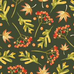 Obraz premium Berries and oak leaves watercolor seamless pattern on dark background