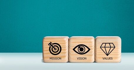 Mission, vision and values of company. Purpose business concept. Wooden cube. Business presentation. © BillionPhotos.com