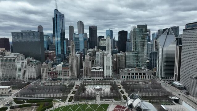 Aerial View of Chicago Illinois City -  Milenium Park - Drone