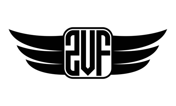 ZVF three-letter Wing black and white logo design. Vector template