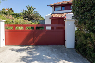 Aluminum steel red bordeaux double gate home portal of suburb house