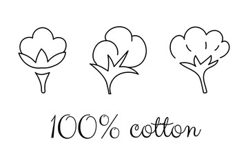 Natural organic flower cotton set, hand drawn labels and badges , 100 percent text lettering
