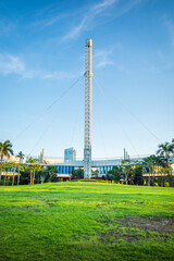 Fototapeta premium A peculiar building in a Chinese city, the building is located on an observation deck in a city park.