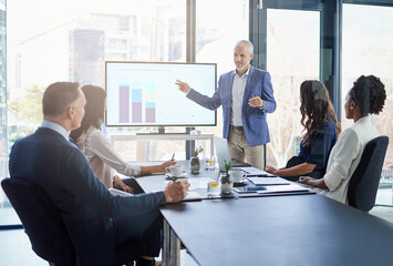 Sales manager gives a presentation on marketing and brand strategy in a boardroom meeting....