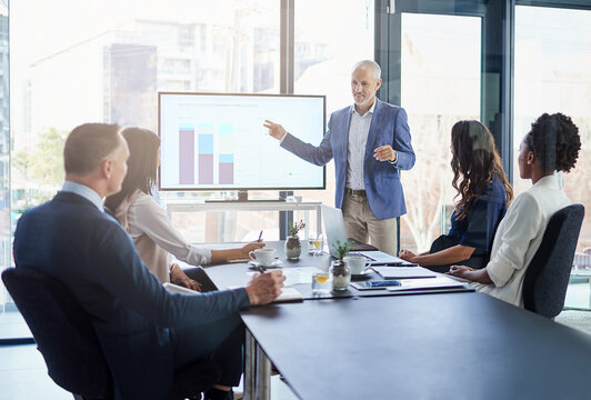 Sales Manager Gives A Presentation On Marketing And Brand Strategy In A Boardroom Meeting. Successful, Corporate And Mature Male Leader Points To A Graph On The Monitor Screen To Show The Planning