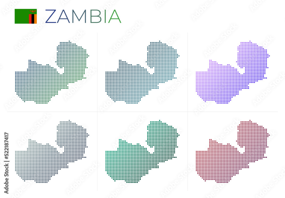 Poster zambia dotted map set. map of zambia in dotted style. borders of the country filled with beautiful s