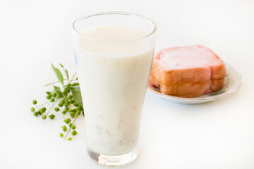 soybean milk with bread desserts snack arrangement flat lyay style on background white 