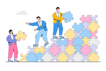Fototapeta premium Collaboration or cooperation business, teamwork to solve problem and partnership to achieve success concepts. Businesspeople working together to create ladder using puzzle pieces to reach target
