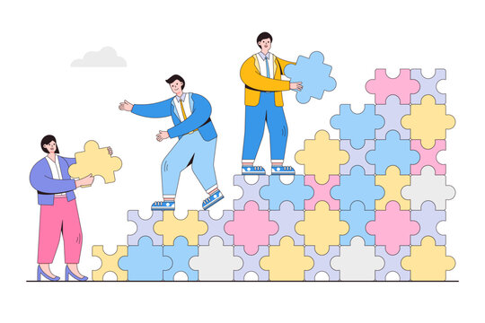 Collaboration Or Cooperation Business, Teamwork To Solve Problem And Partnership To Achieve Success Concepts. Businesspeople Working Together To Create Ladder Using Puzzle Pieces To Reach Target