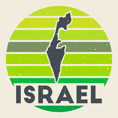 Israel logo. Sign with the map of country and colored stripes, vector illustration. Can be used as insignia, logotype, label, sticker or badge of the Israel.