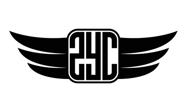 ZYC three-letter Wing black and white logo design. Vector template