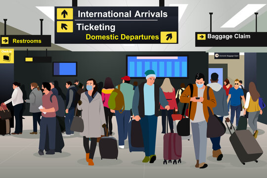 People Traveling Inside of an Airport Vector Illustration