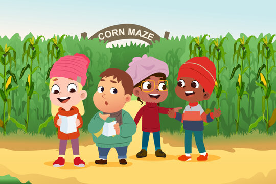 Children Reading Map in a Corn Maze During Fall Season Vector Illustration
