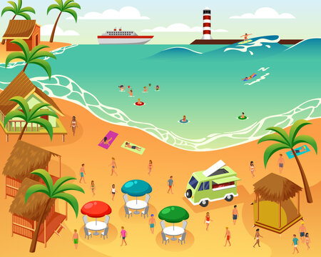 People Having Fun on the Beach during Summer Vector Illustration