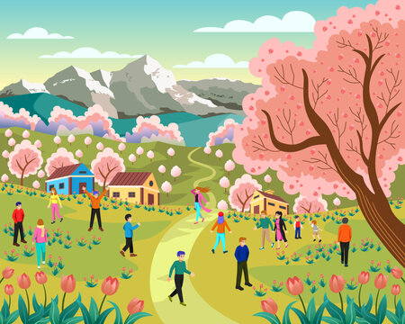 People in a Park During Spring Season Vector Illustration