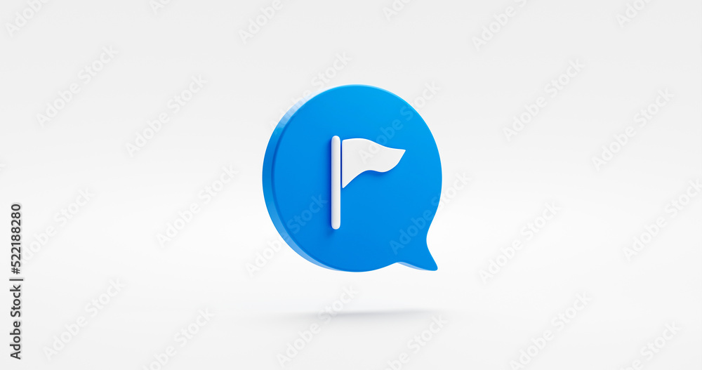 Poster location flag icon isolated on white 3d background with blue message bubble goal sign destination pl
