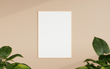Clean and minimalist front view vertical wooden photo or poster frame mockup hanging on the wall with blurry plant. 3d rendering.