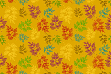 Vintage trendy seamless pattern wind blow leaves and botanical elements Isolated on yellow background