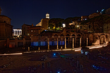 Fototapeta na wymiar Night view of the Roman Forum (Foro Romano), ruins of ancient Rome, Italy 