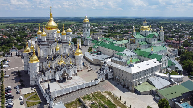 Top view of the church and monastery in the city of Pochaev. Pochaev Lavra 
