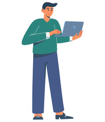 Young man is holding a computer in his hands. Business communication concept. Man is working at a computer. Freelance, business, work, student. Trendy flat vector illustration
